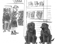 a cartoon of two black labradors in the Swarthmore bookstore talking to one another